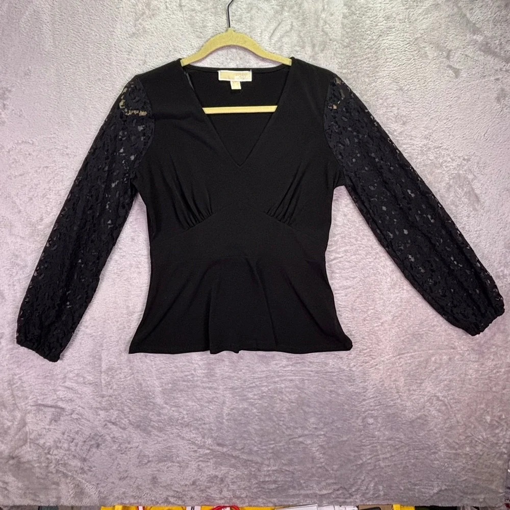 Michael‎ Kors Womens Peplum Top Size M Black Lace Balloon Sleeve V-Neck